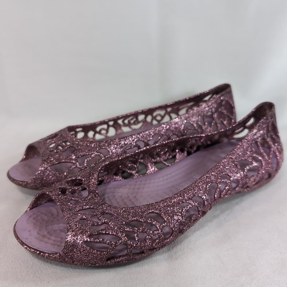 CROCS 5J 5 Youth Isabella Purple Glitter Flats Open Toe Sandals Shoes Summer